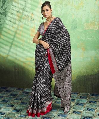 Black print modal satin saree for casual & uniform wear 1