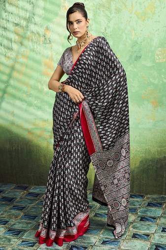 Black print modal satin saree for casual & uniform wear
