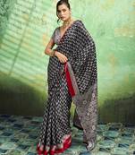Black print modal satin saree for casual & uniform wear