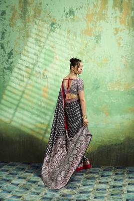 Black print modal satin saree for casual & uniform wear 2