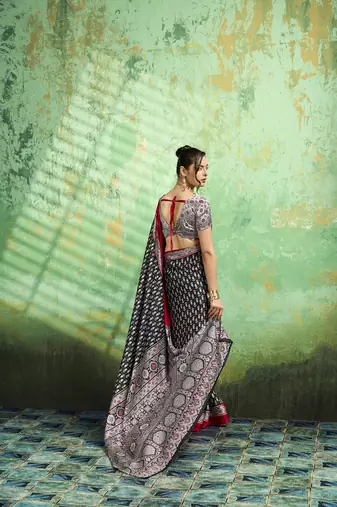 Black print modal satin saree for casual & uniform wear