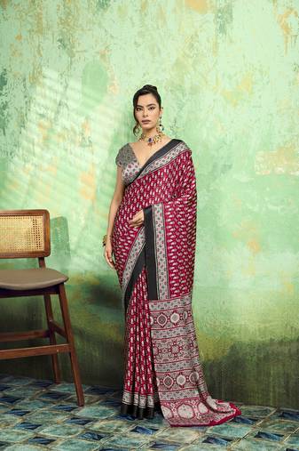 Maroon print modal satin saree for casual & uniform wear