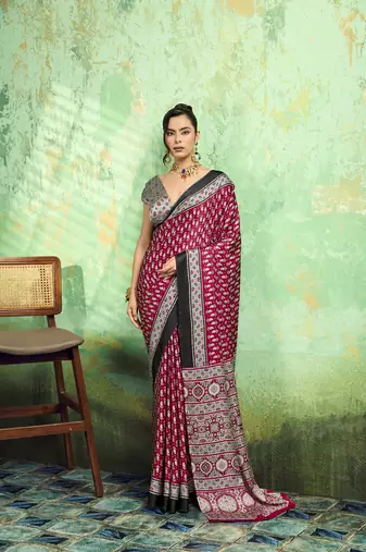 Maroon print modal satin saree for casual & uniform wear
