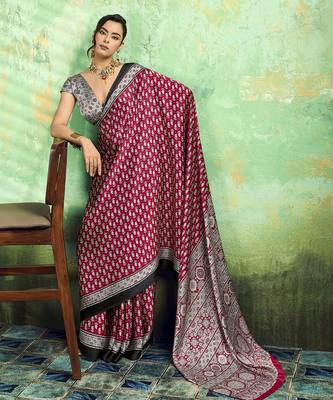 Maroon print modal satin saree for casual & uniform wear 2