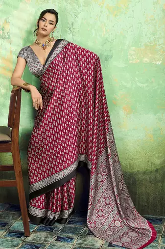 Maroon print modal satin saree for casual & uniform wear