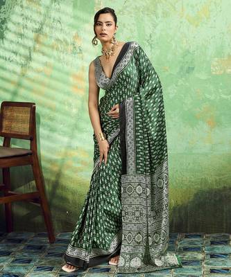 Green print modal satin saree for casual & uniform wear 1
