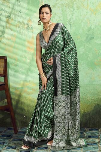 Green print modal satin saree for casual & uniform wear