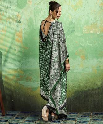 Green print modal satin saree for casual & uniform wear 2