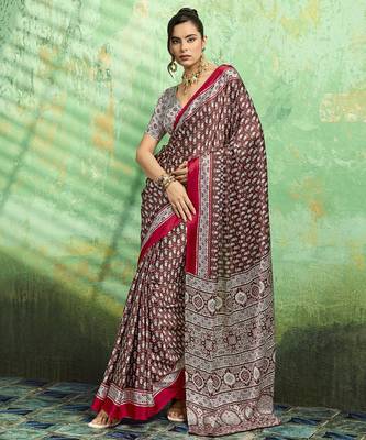 Red print modal satin saree for casual & uniform wear 1