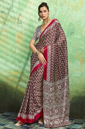 Red print modal satin saree for casual & uniform wear