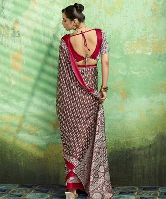 Red print modal satin saree for casual & uniform wear 2