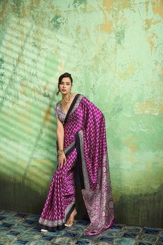 Purple print modal satin saree for casual & uniform wear