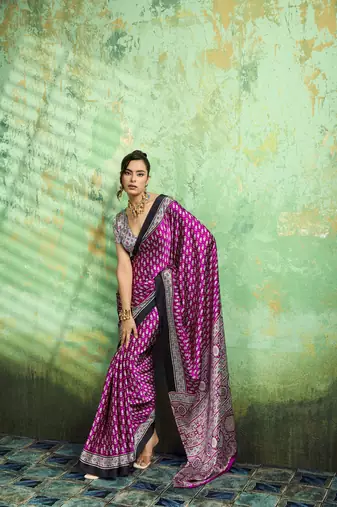 purple printed satin saree