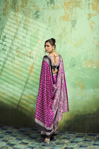 Purple print modal satin saree for casual & uniform wear