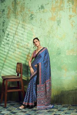 Blue print modal satin saree for casual & uniform wear 1