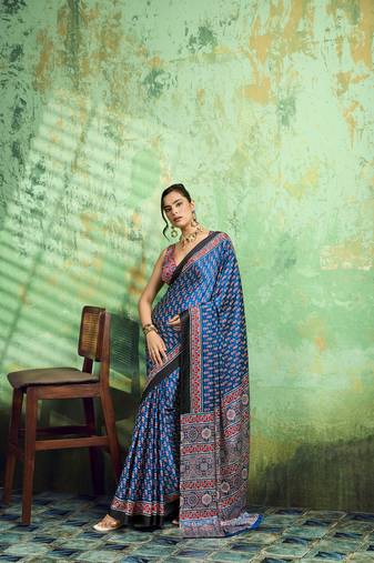Blue print modal satin saree for casual & uniform wear