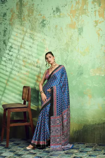 Blue print modal satin saree for casual & uniform wear