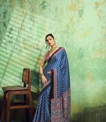 Blue print modal satin saree for casual & uniform wear