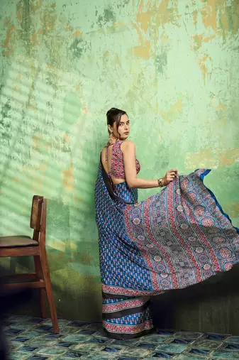 Blue print modal satin saree for casual & uniform wear