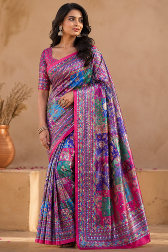 pink digital printed and mirror dola silk saree