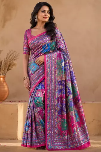 pink digital printed and mirror dola silk saree