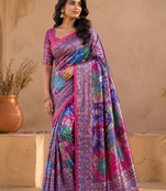 pink digital printed and mirror dola silk saree