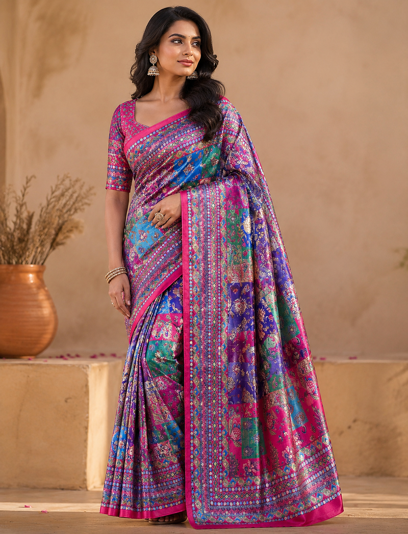 pink digital printed and mirror dola silk saree
