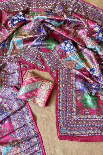 pink digital printed and mirror dola silk saree