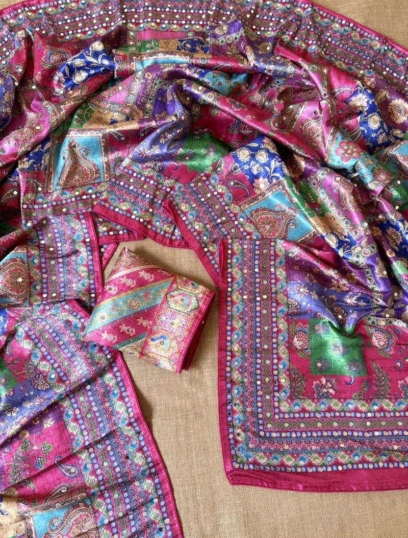 pink digital printed and mirror dola silk saree