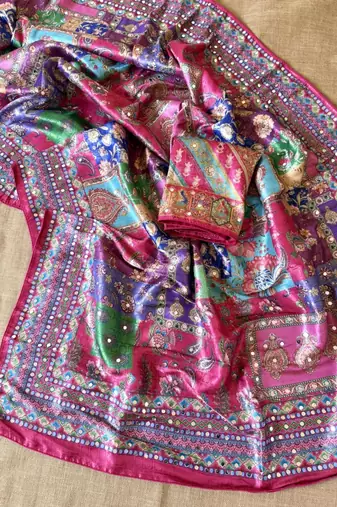 pink digital printed and mirror dola silk saree