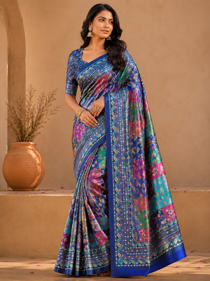 neavy blue digital printed and mirror dola silk saree 1