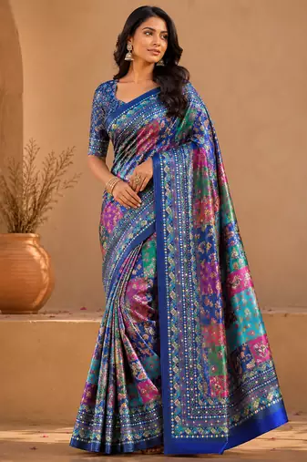 neavy blue digital printed and mirror dola silk saree