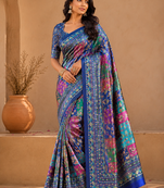 neavy blue digital printed and mirror dola silk saree