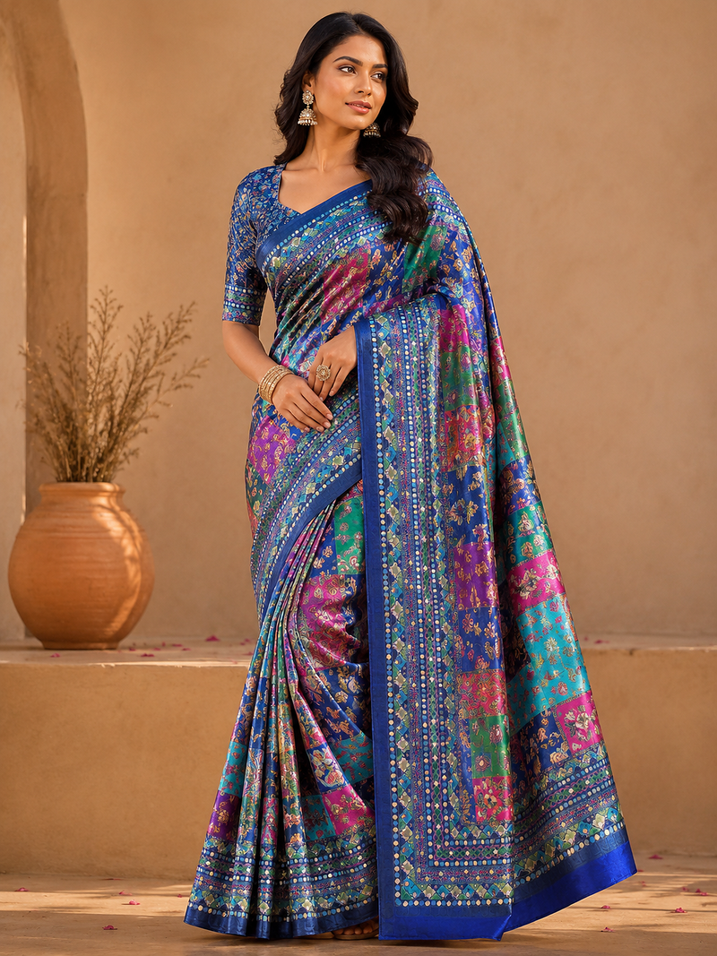 neavy blue digital printed and mirror dola silk saree