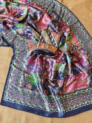 neavy blue digital printed and mirror dola silk saree 3