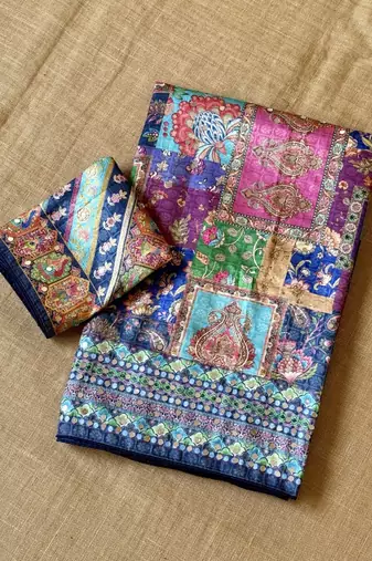 neavy blue digital printed and mirror dola silk saree