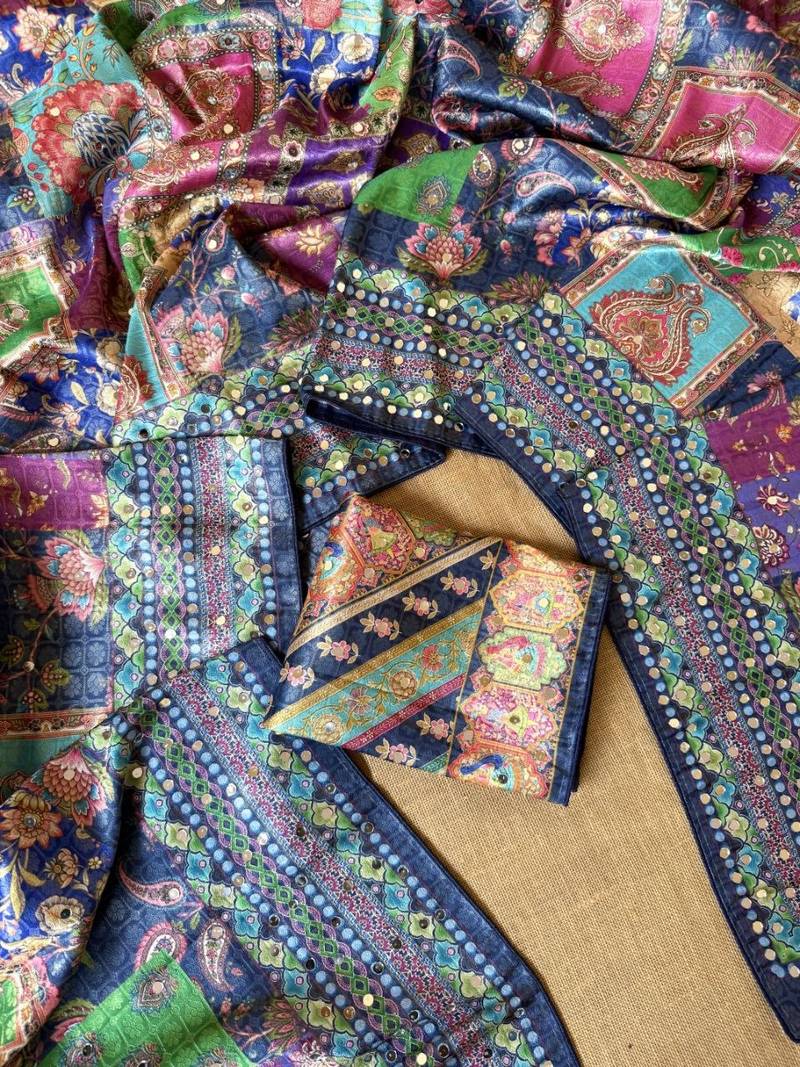 neavy blue digital printed and mirror dola silk saree