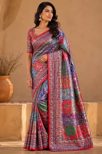 red digital printed and mirror dola silk saree