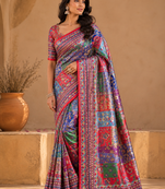 red digital printed and mirror dola silk saree