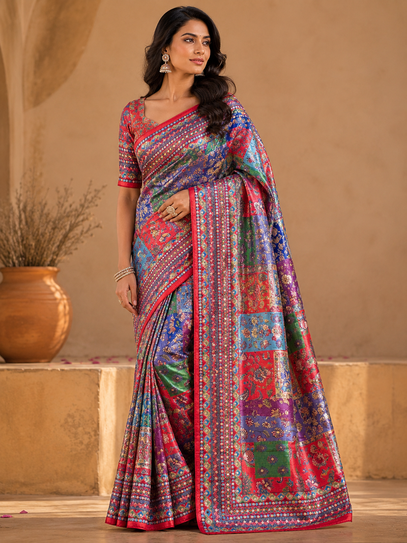 red digital printed and mirror dola silk saree