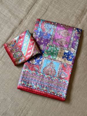 red digital printed and mirror dola silk saree 3