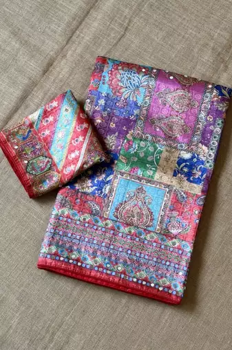 red digital printed and mirror dola silk saree