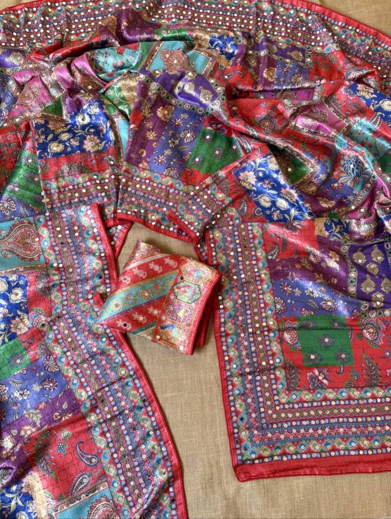 red digital printed and mirror dola silk saree