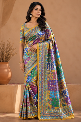 yellow digital printed and mirror dola silk saree