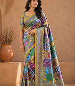 yellow digital printed and mirror dola silk saree