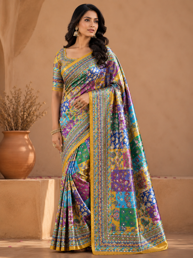 yellow digital printed and mirror dola silk saree