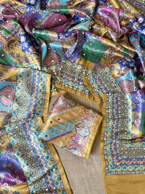 yellow digital printed and mirror dola silk saree 2