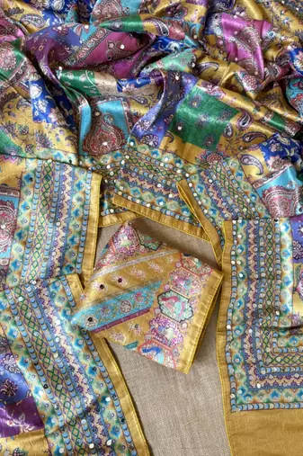 yellow digital printed and mirror dola silk saree