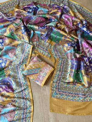 yellow digital printed and mirror dola silk saree 3