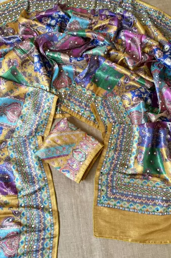 yellow digital printed and mirror dola silk saree